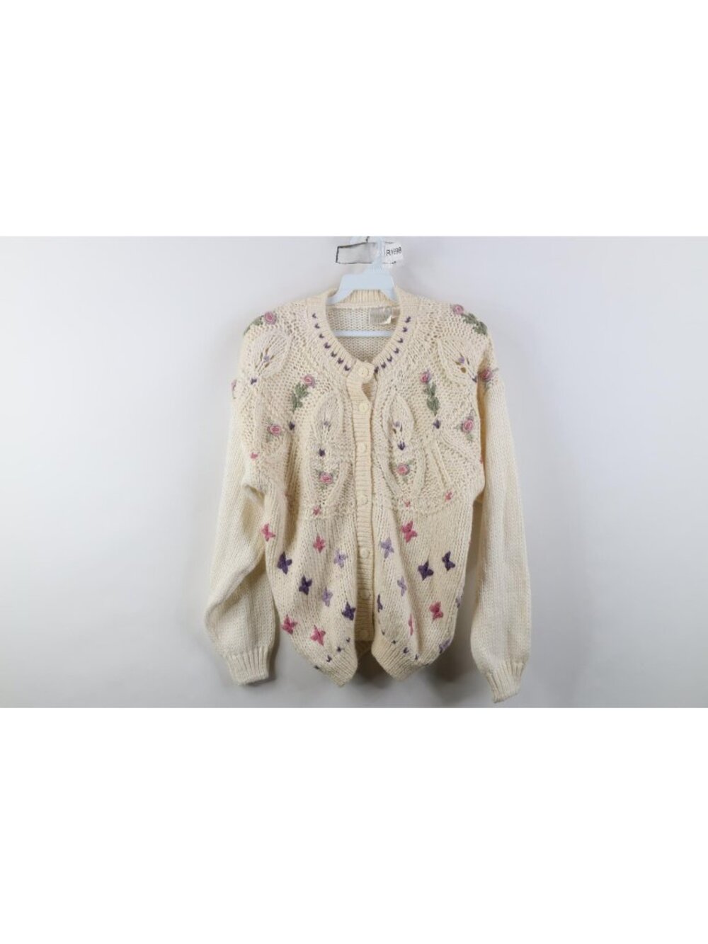 Vtg 90s Streetwear Womens Medium Embroidered Flower Chunky Knit Cardigan Sweater